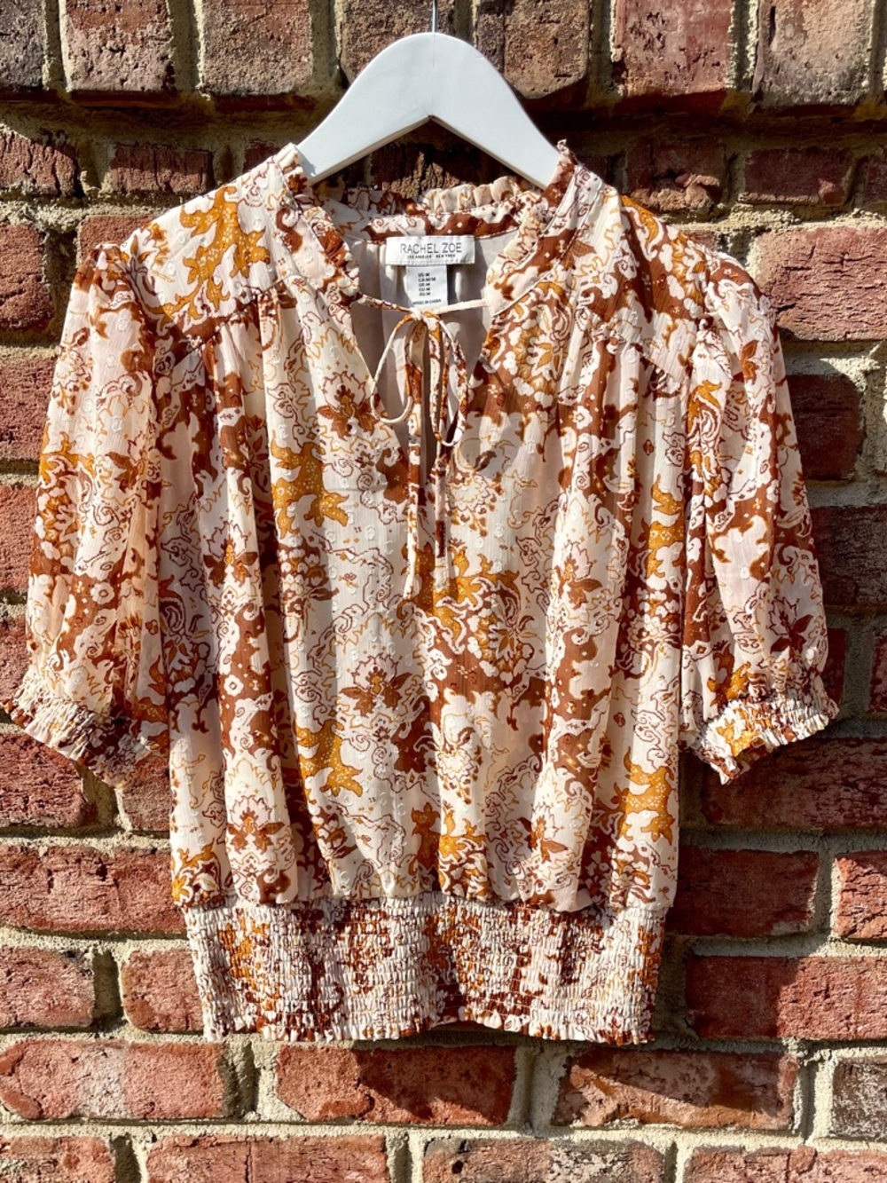 Rachel Zoe Cream and Mustard Floral Tie-Neck Peasant Blouse